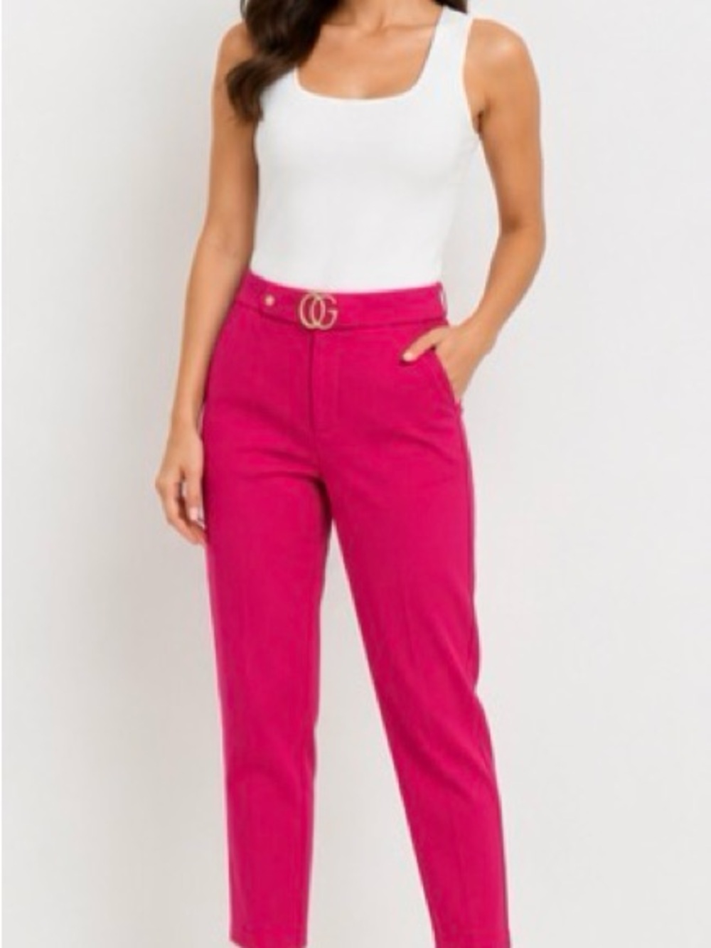 One n More Fuchsia Pink Gold Buckle Stretch Ankle Pants Size Small NWT